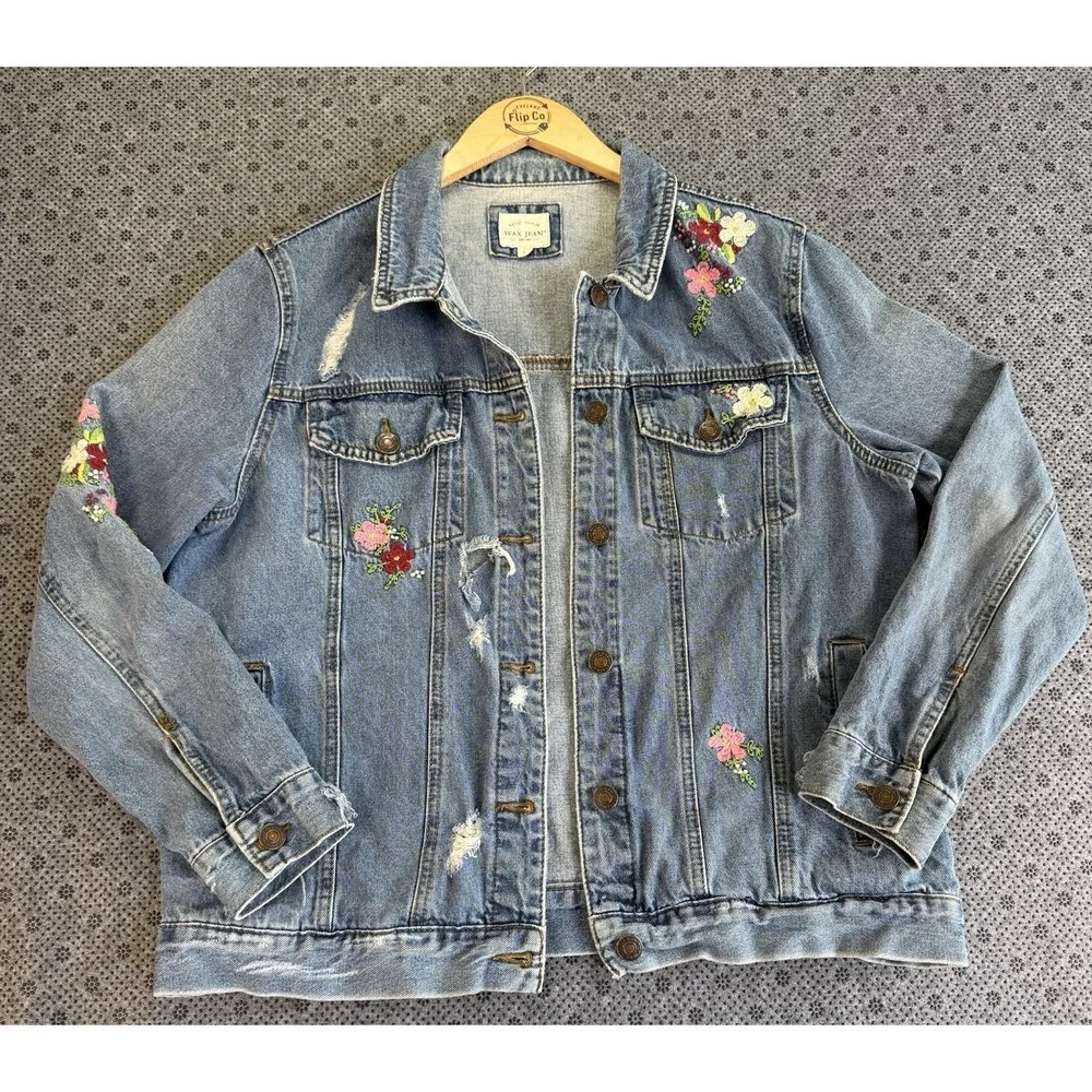 Wax Jeans Women's Denim Jacket Boho Festival Flower Embroidery Distressed Size L